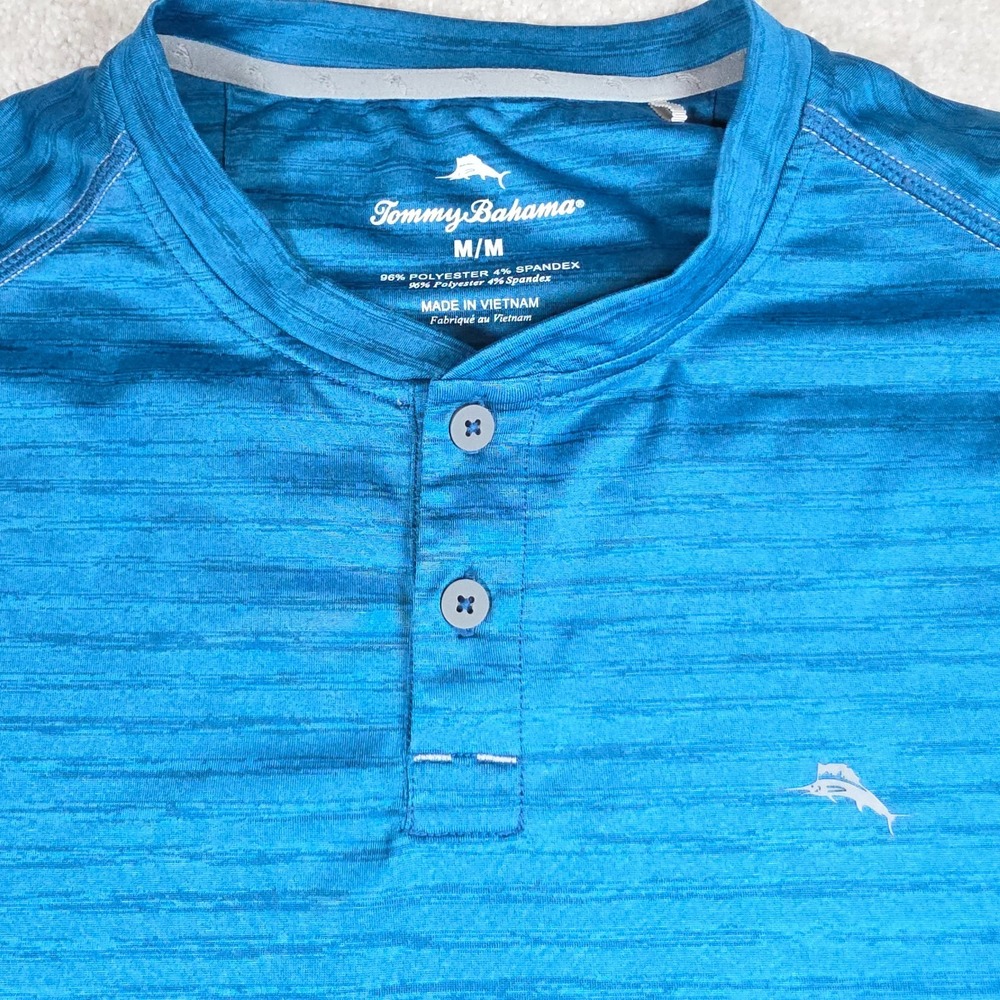 Tommy Bahama Henley Shirt Mens Medium‎ Teal Blue Long Sleeve Space Dye Stretch